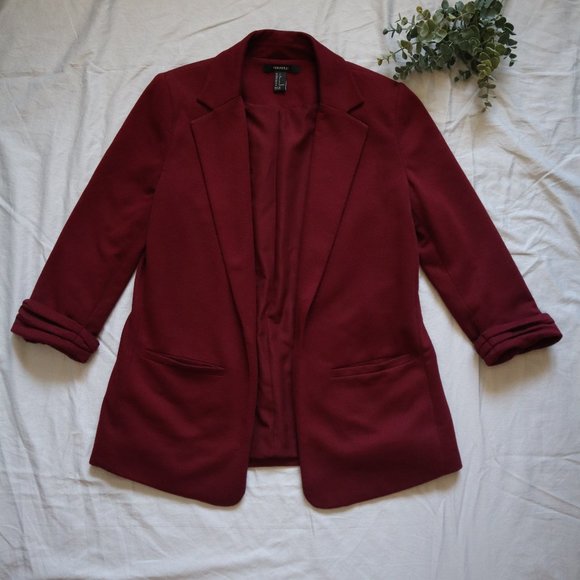 F21 Cuffed Knit Blazer 3/4 Sleeve Burgundy Small - Picture 2 of 10